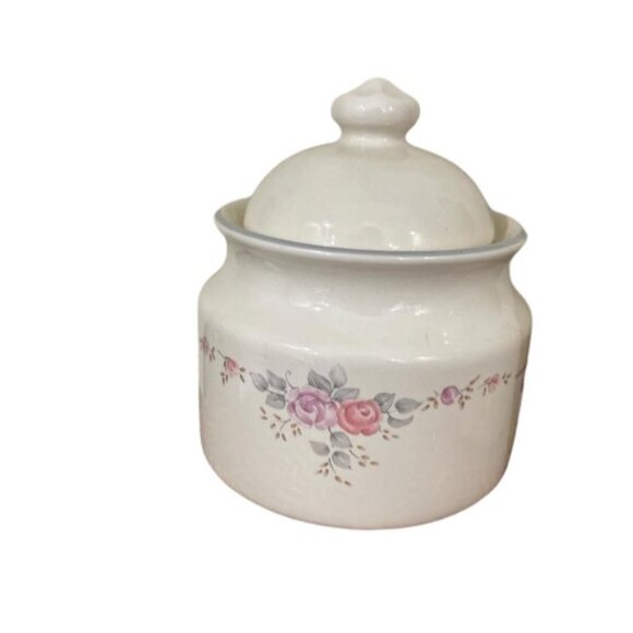 Pfaltzgraff Trousseau Ivory Pink & Purple Rose Decor Gray Band Sugar Bowl & Lid - Picture 2 of 4
